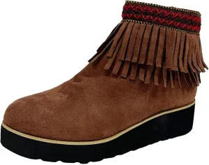 Short Boots for Women Casual Black Ankle Boots for Women Comfortable Soft Sole Thick Wedge Heel Tassel Frosted Boots