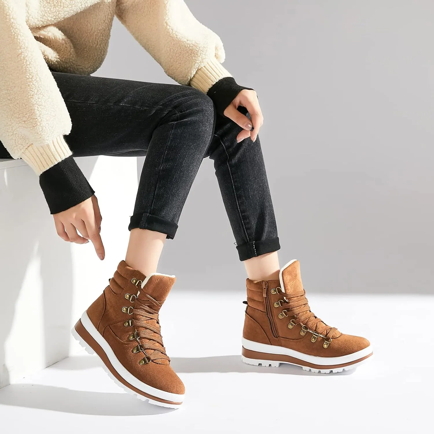 Shupua Women's Ankle Boots Winter Snow boots Fur Lined Warm Booties Girls Snow boot Lace Up Ankle boot