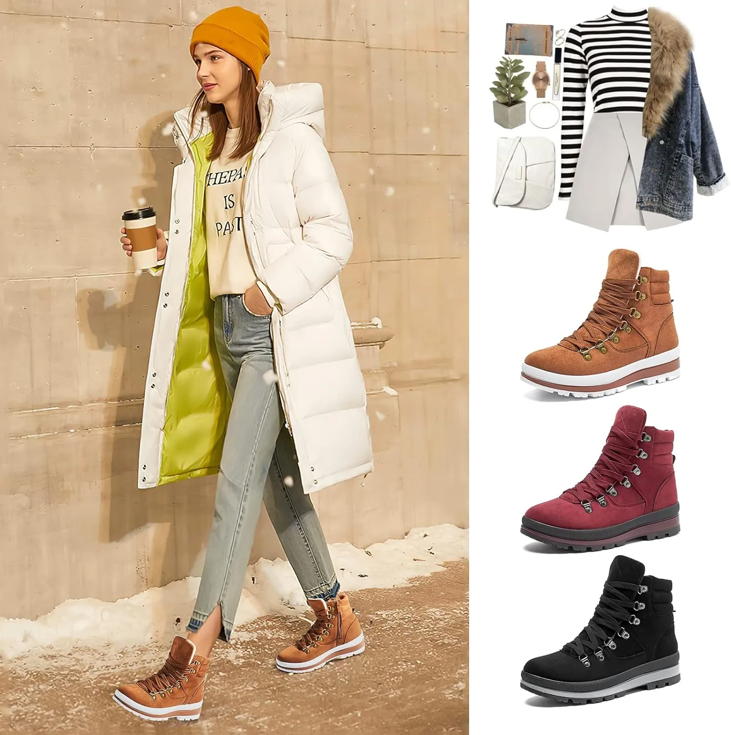 Shupua Women's Ankle Boots Winter Snow boots Fur Lined Warm Booties Girls Snow boot Lace Up Ankle boot