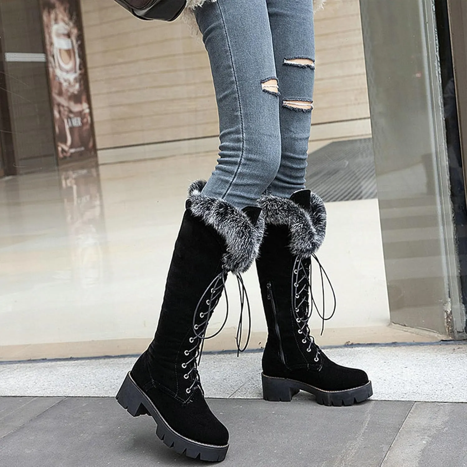 Side Zipper Front Lace-Up Snow Boots, Thick Velvet Lining Raw Edge Warm Knee-High Boots Suede Matte Stitching Straight Boots Rubber Sole Non-Slip Winter Boots