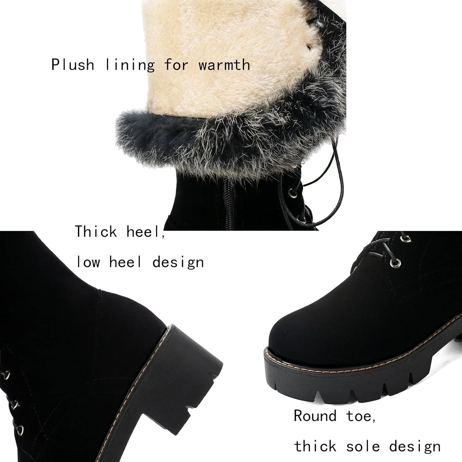 Side Zipper Front Lace-Up Snow Boots, Thick Velvet Lining Raw Edge Warm Knee-High Boots Suede Matte Stitching Straight Boots Rubber Sole Non-Slip Winter Boots