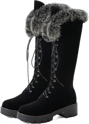 Side Zipper Front Lace-Up Snow Boots, Thick Velvet Lining Raw Edge Warm Knee-High Boots Suede Matte Stitching Straight Boots Rubber Sole Non-Slip Winter Boots