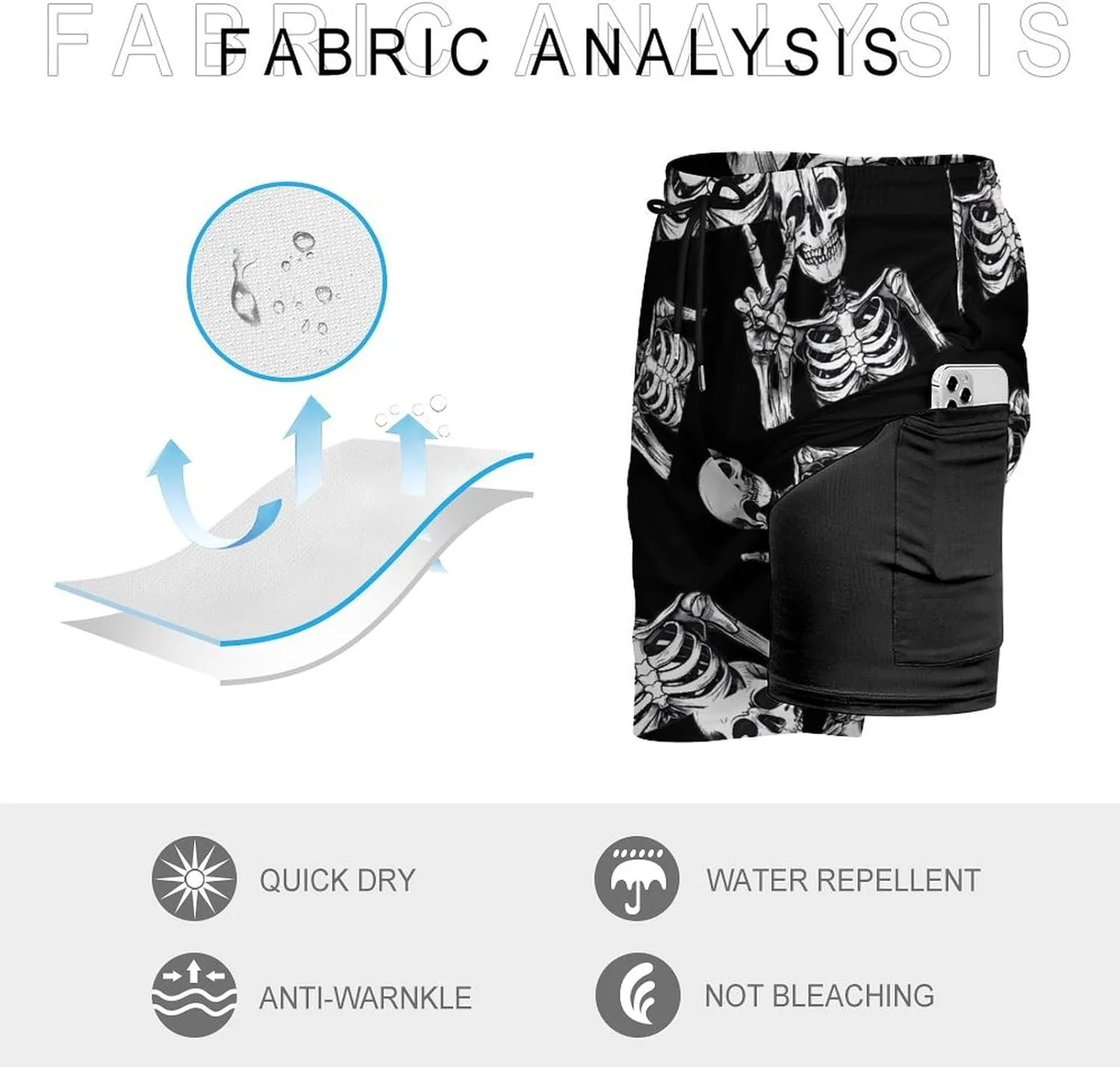 Skeleton Hand Peace Sign Men's Swim Trunks Quick Dry Board Shorts Swimwear Beach Shorts with Compression Liner
