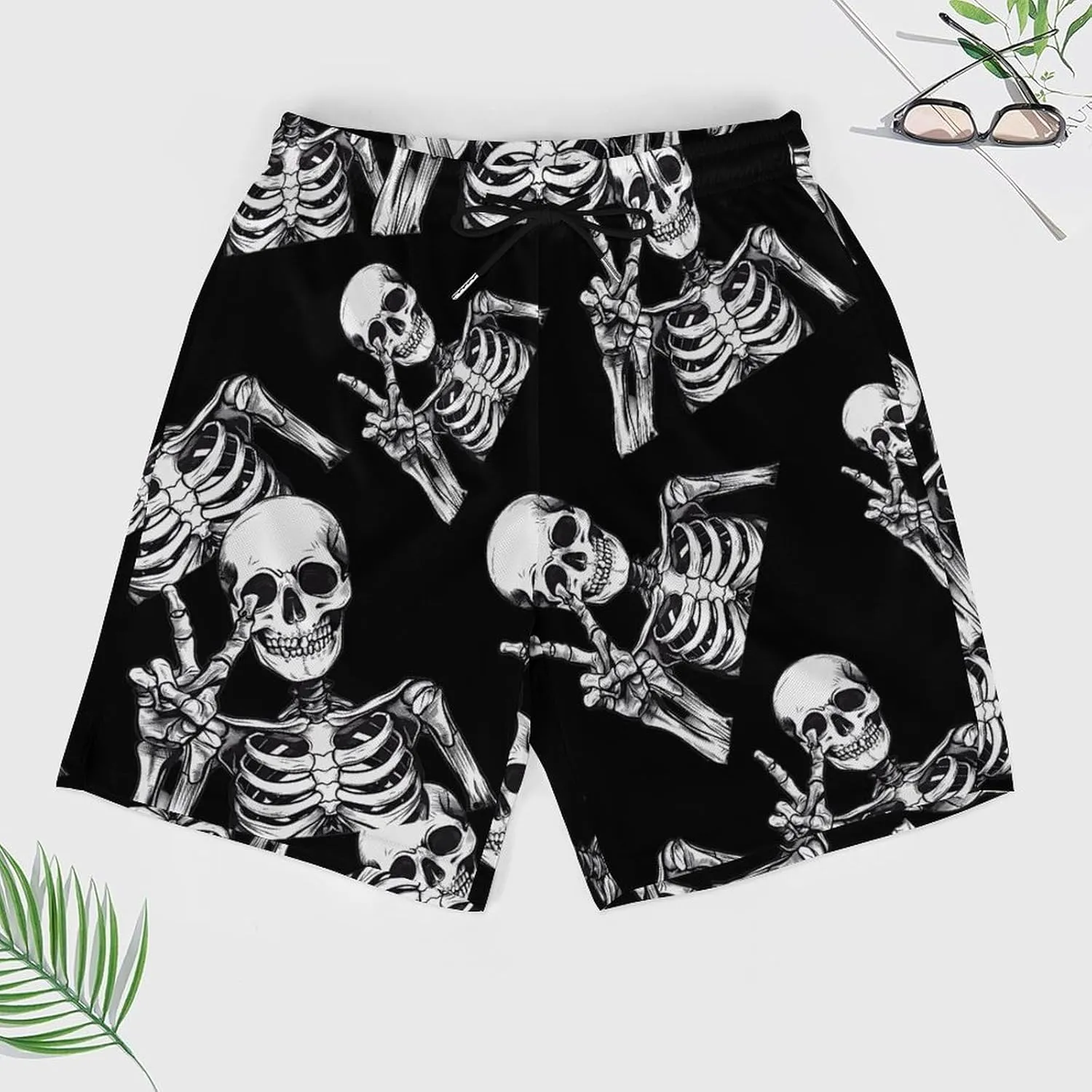 Skeleton Hand Peace Sign Men's Swim Trunks Quick Dry Board Shorts Swimwear Beach Shorts with Compression Liner