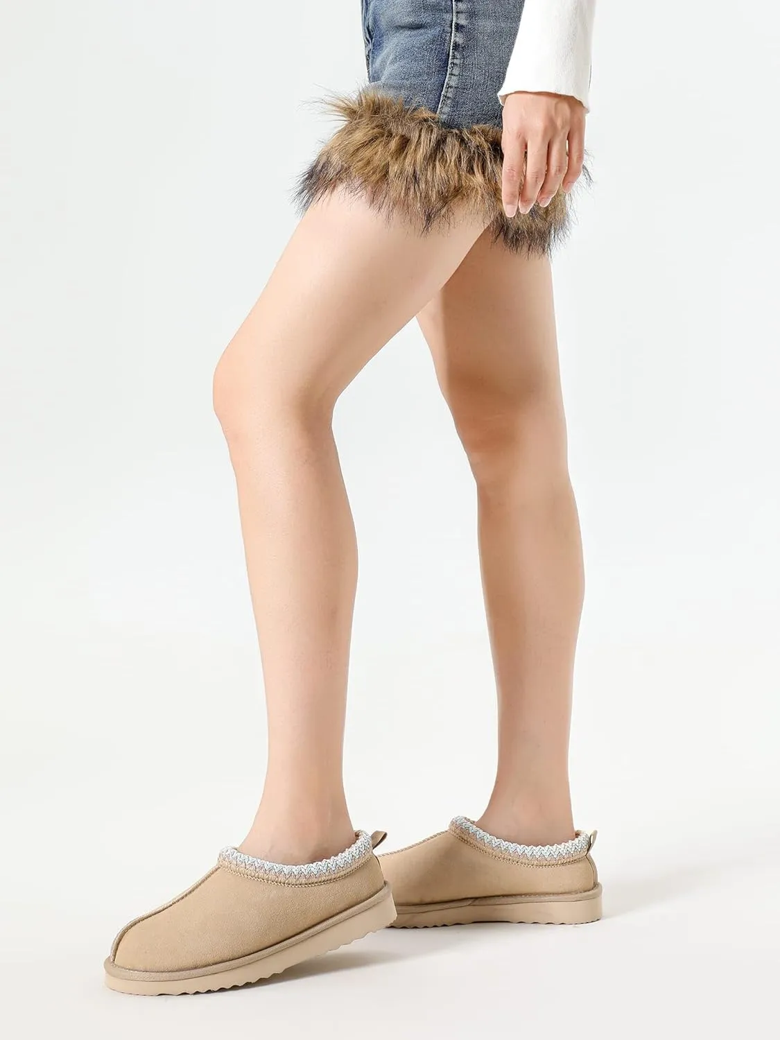 Slippers for Women Mini Boots Genuine Suede Ankle Snow Boots Indoor Outdoor Braided Winter Fur Slip On Mules
