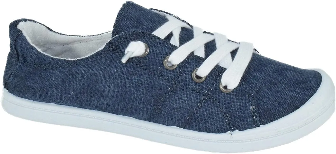 Soda Flat Women Shoes Linen Canvas Slip On Sneakers Lace Up Style Loafers Zig-S, 5.5, Navy