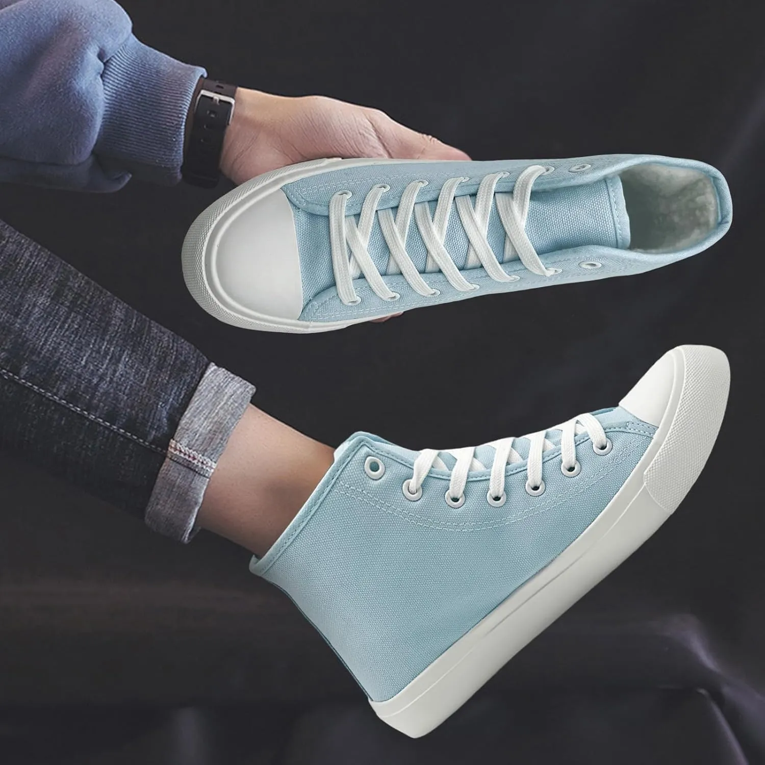 soofylia Womens High Top Canvas Sneakers,Unisex Fashion Lace-up Fuzzy Canvas Shoes,Casual Tennis Walking Shoes for Men
