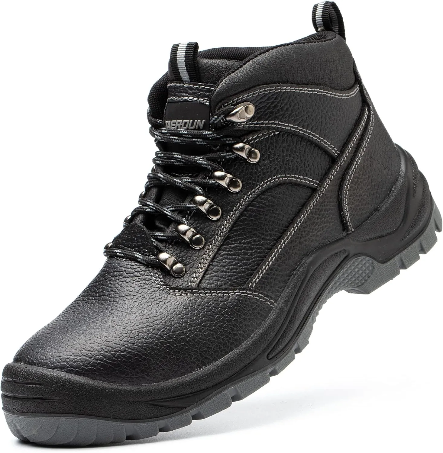 Steel Toe Boots for Men Real Leather Work Safety Shoes, Industrial & Construction Shoes, Indestructible Welding Boots, Black&Grey, Size 11.5