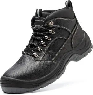 Steel Toe Boots for Men Real Leather Work Safety Shoes, Industrial & Construction Shoes, Indestructible Welding Boots, Black&Grey, Size 11.5
