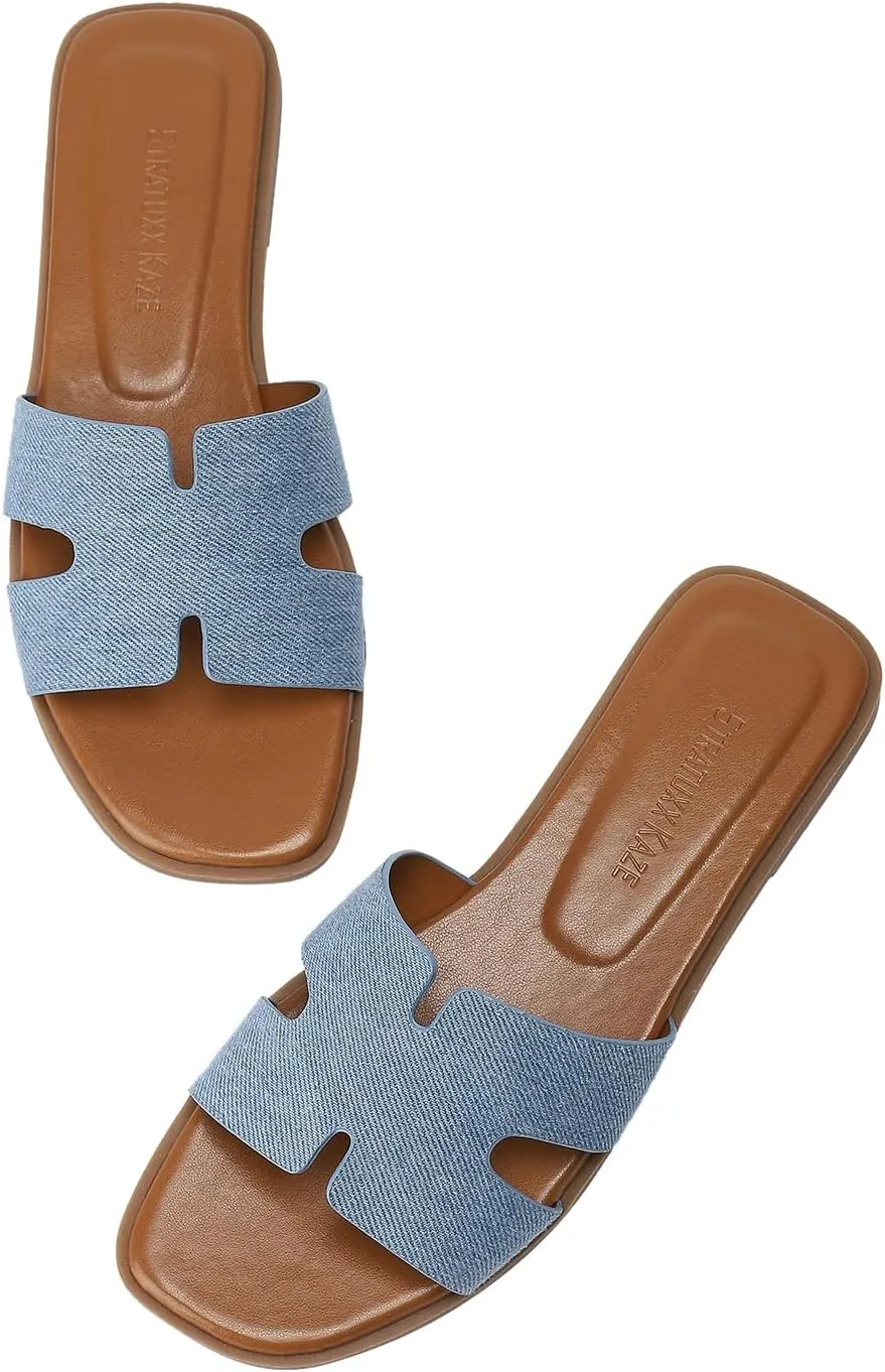 Stratuxx Kaze Open Toe Flat Dress Sandals Womens Slide Comfortable Summer Black, White, Tan Sandals for Women