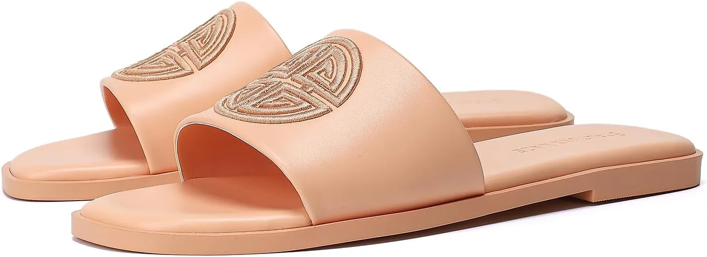 Stratuxx Kaze Womens Flat Sandals Dressy Summer Slide Dress Sandals Comfortable Cute Leather Black Sandals for Women