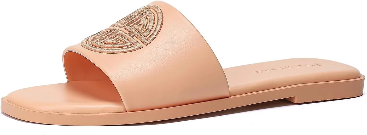Stratuxx Kaze Womens Flat Sandals Dressy Summer Slide Dress Sandals Comfortable Cute Leather Black Sandals for Women