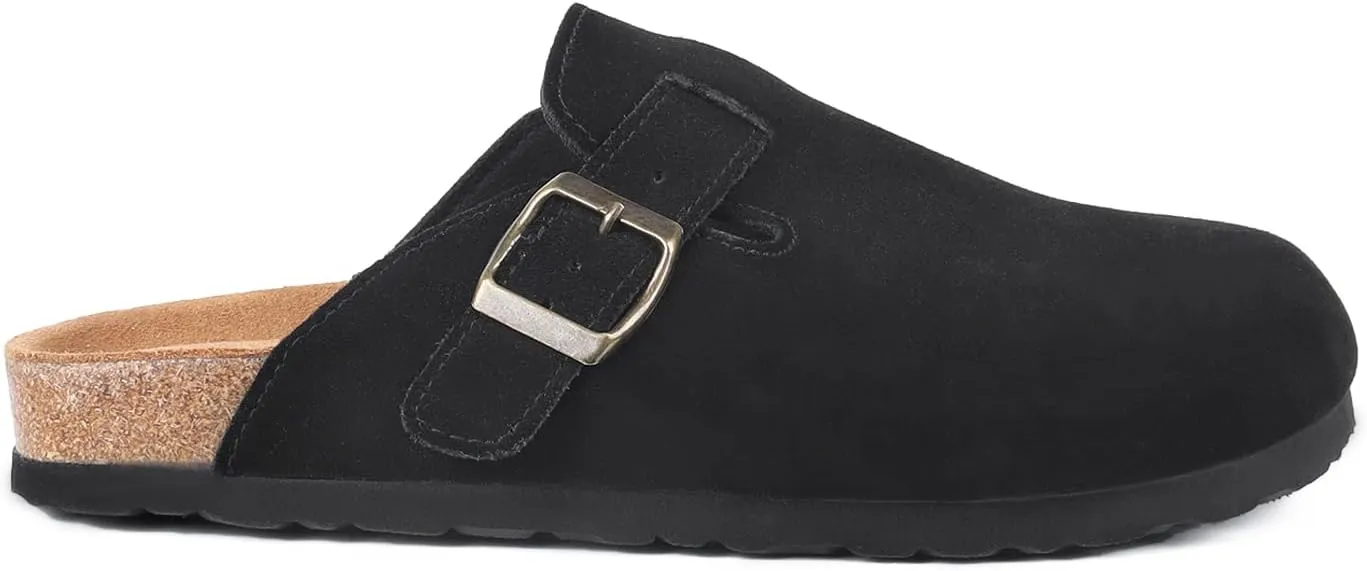 Suede Clogs for Women Clogs Slip on Adjustable Buckle Leather Clogs Cork Footbed Home Clog Slippers with Arch Support Unisex