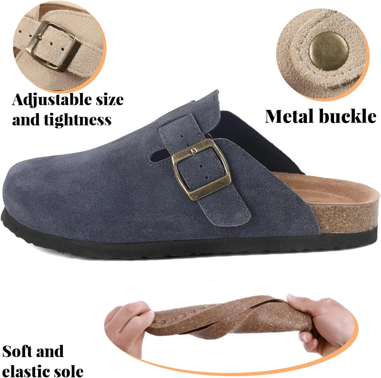 Suede Clogs for Women Clogs Slip on Adjustable Buckle Leather Clogs Cork Footbed Home Clog Slippers with Arch Support Unisex