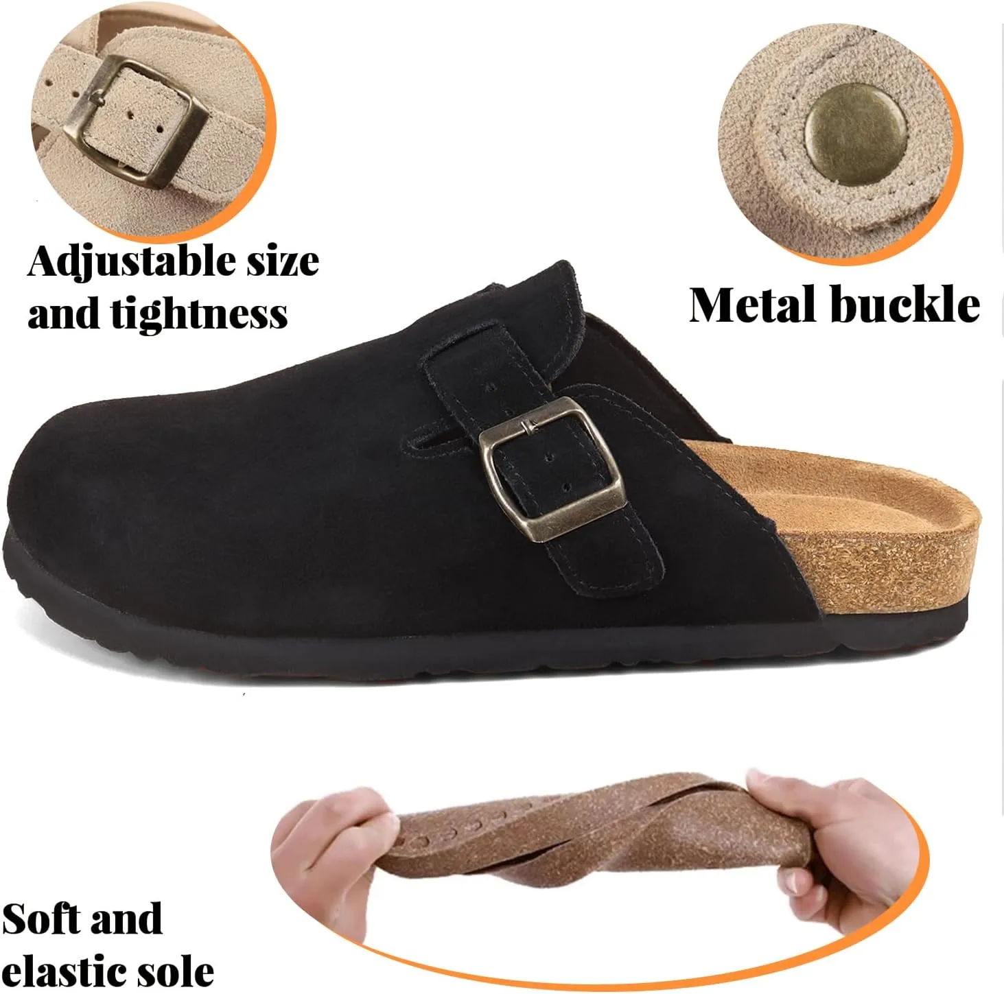 Suede Clogs for Women Clogs Slip on Adjustable Buckle Leather Clogs Cork Footbed Home Clog Slippers with Arch Support Unisex