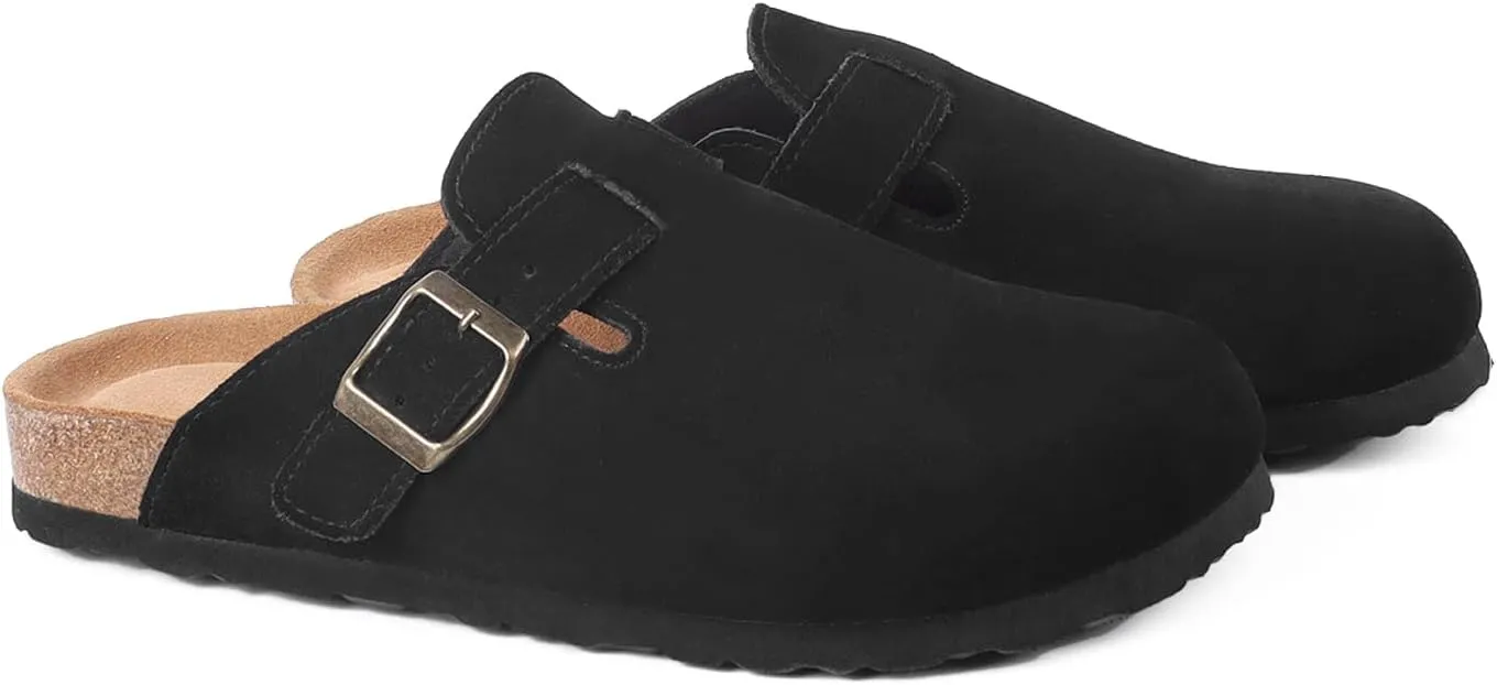 Suede Clogs for Women Clogs Slip on Adjustable Buckle Leather Clogs Cork Footbed Home Clog Slippers with Arch Support Unisex