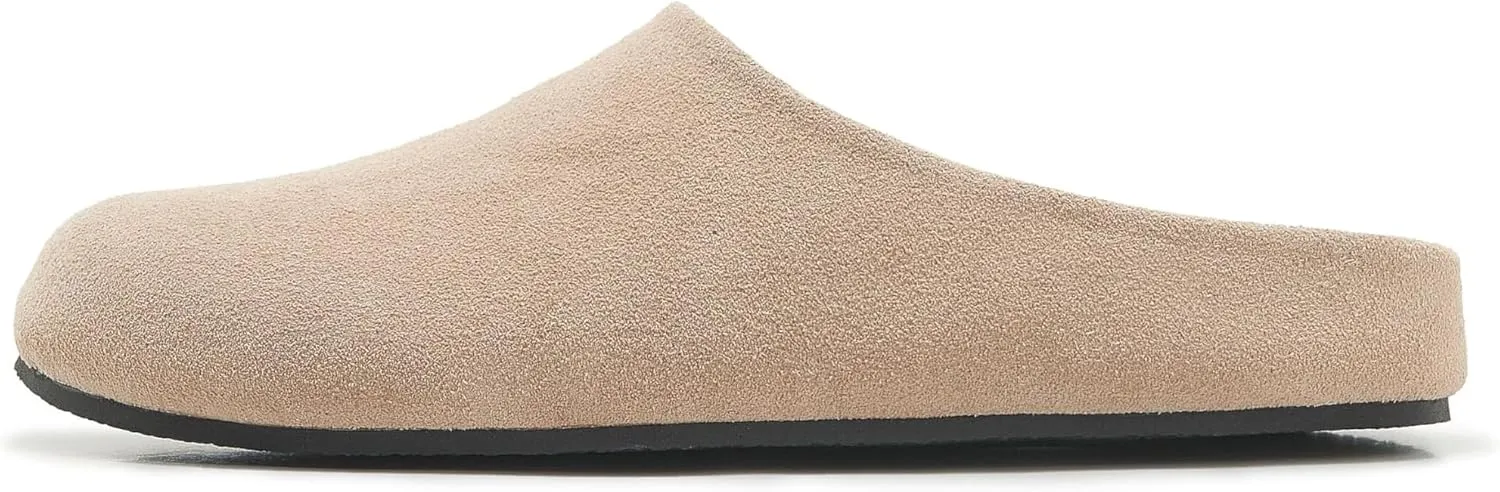 Suede Clogs for Women Soft Cork Footbed Leather Mules Round Toe Casual Slip-on Mule Shoes
