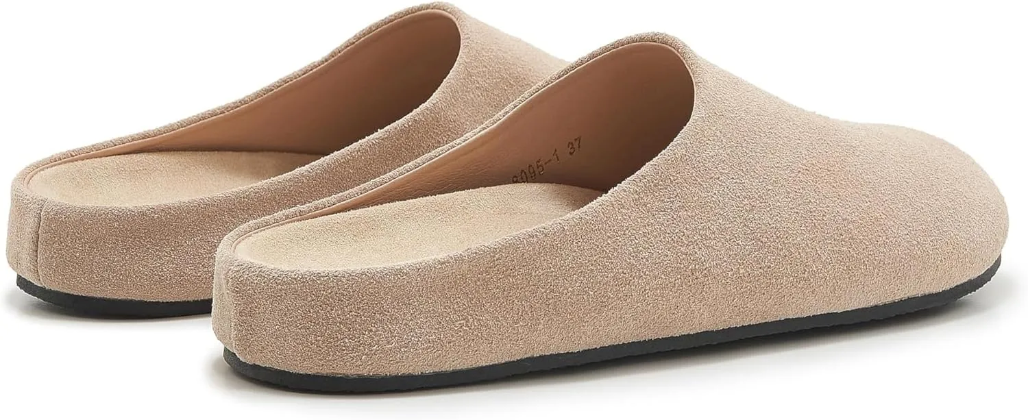Suede Clogs for Women Soft Cork Footbed Leather Mules Round Toe Casual Slip-on Mule Shoes