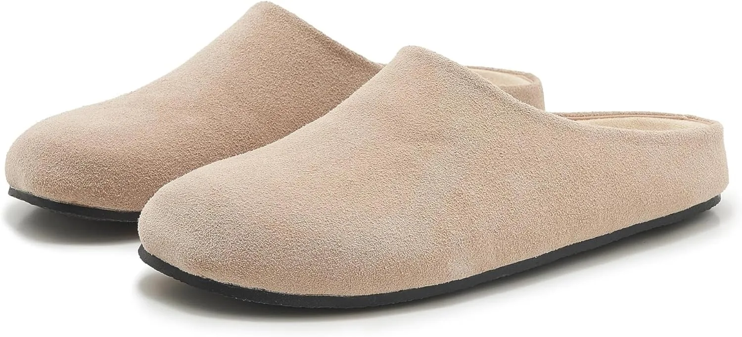 Suede Clogs for Women Soft Cork Footbed Leather Mules Round Toe Casual Slip-on Mule Shoes