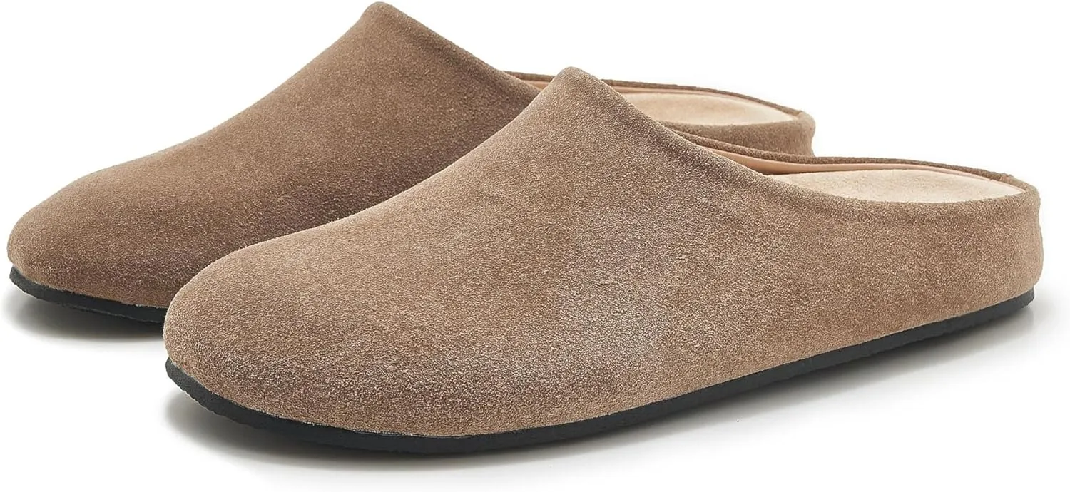 Suede Clogs for Women Soft Cork Footbed Leather Mules Round Toe Casual Slip-on Mule Shoes