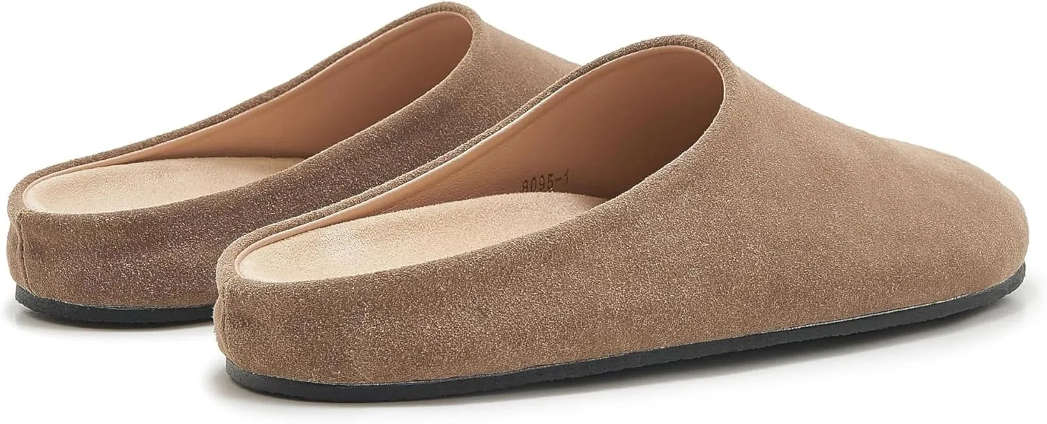 Suede Clogs for Women Soft Cork Footbed Leather Mules Round Toe Casual Slip-on Mule Shoes