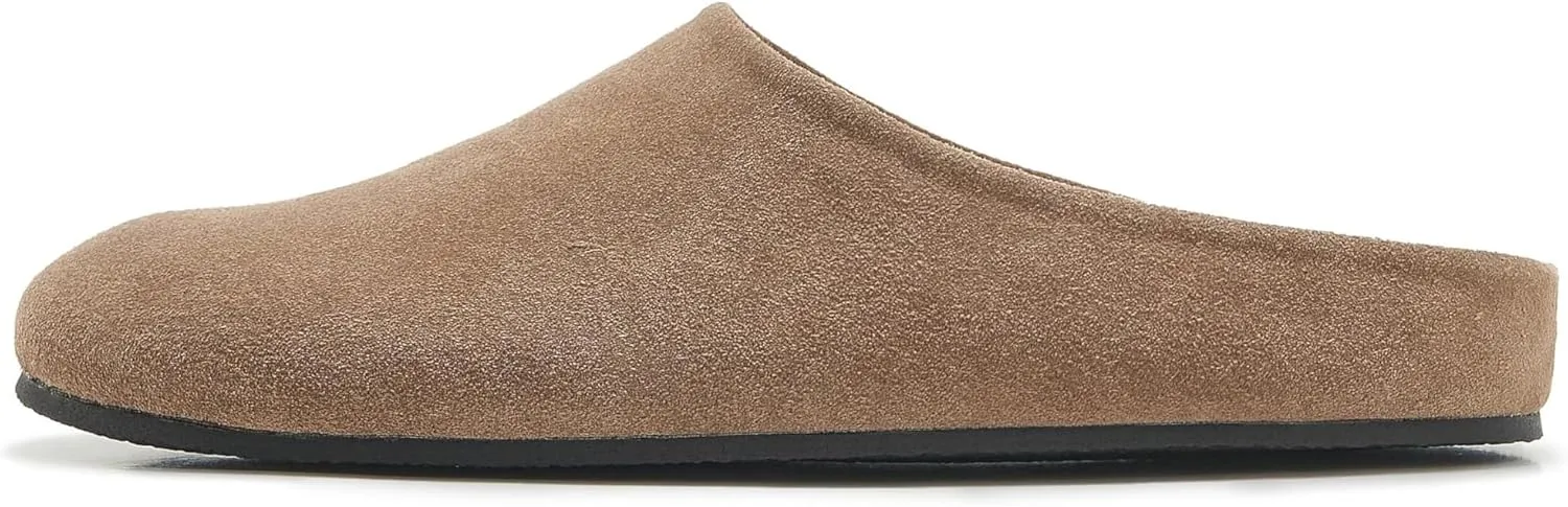 Suede Clogs for Women Soft Cork Footbed Leather Mules Round Toe Casual Slip-on Mule Shoes