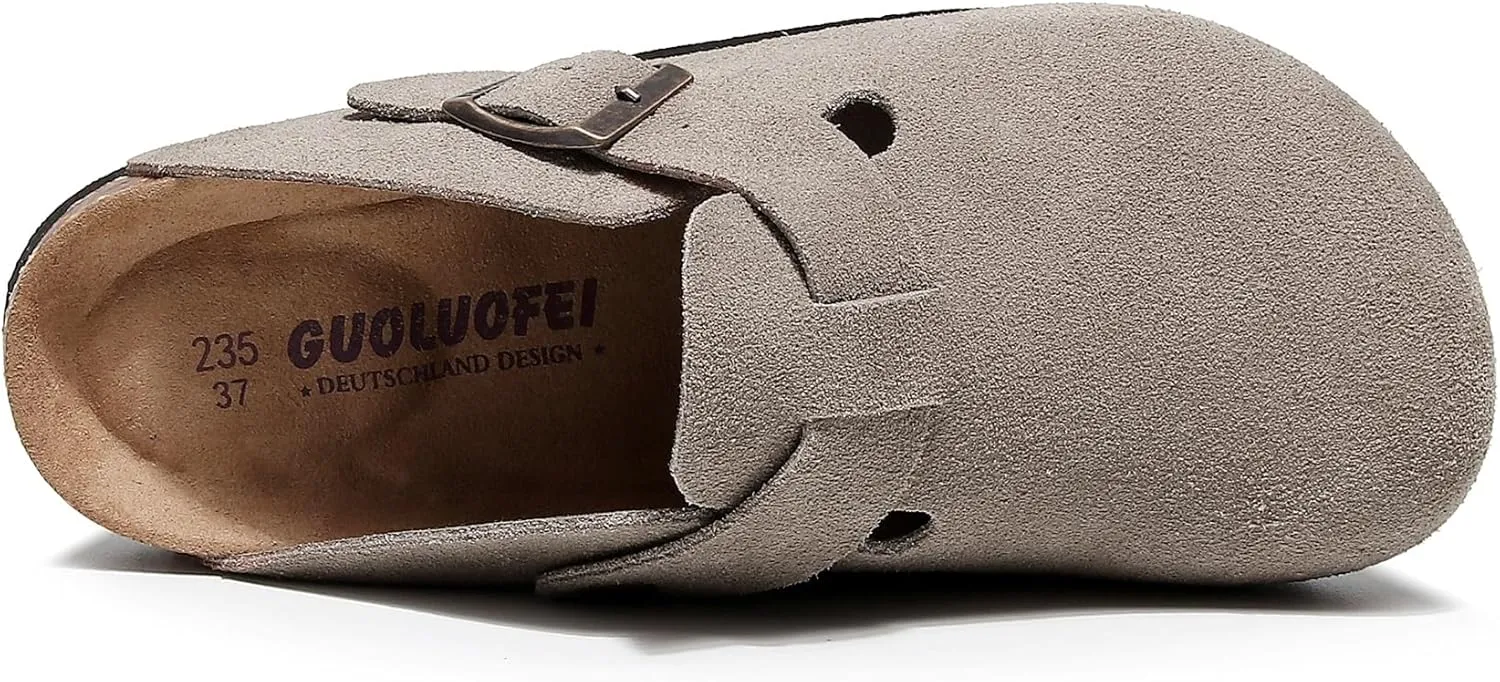 Suede Clogs for Womens Leather Mules Cork Footbed Slippers Potato Shoes with Arch Support