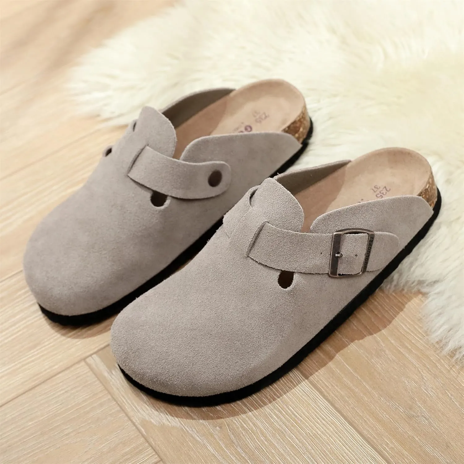 Suede Clogs for Womens Leather Mules Cork Footbed Slippers Potato Shoes with Arch Support