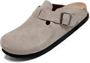 Suede Clogs for Womens Leather Mules Cork Footbed Slippers Potato Shoes with Arch Support