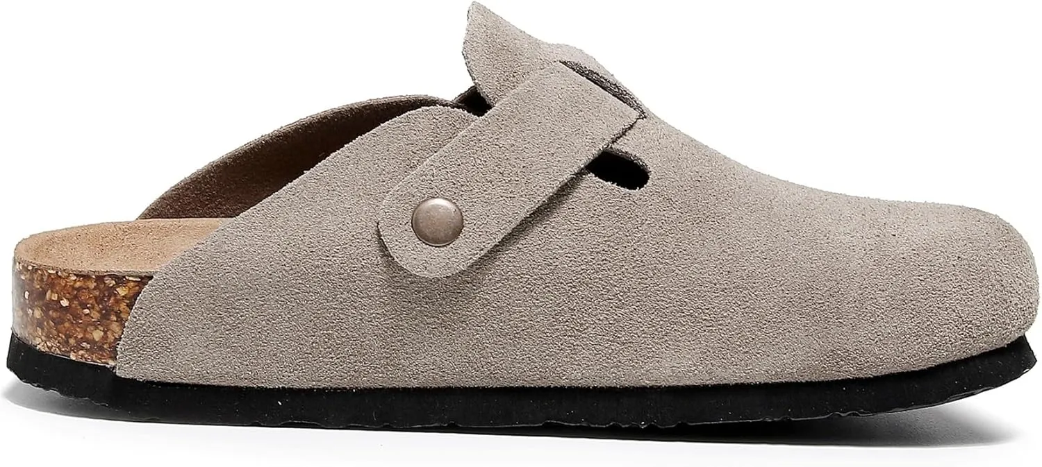 Suede Clogs for Womens Leather Mules Cork Footbed Slippers Potato Shoes with Arch Support