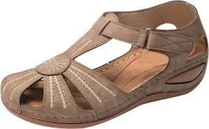 Summer Hollow Sandals for Women Comfortable Wedge Flower Embroidery Round Toe Closed Toe Hook & Loop Buckle Sandals Casual Soft Sole Beach Shoes