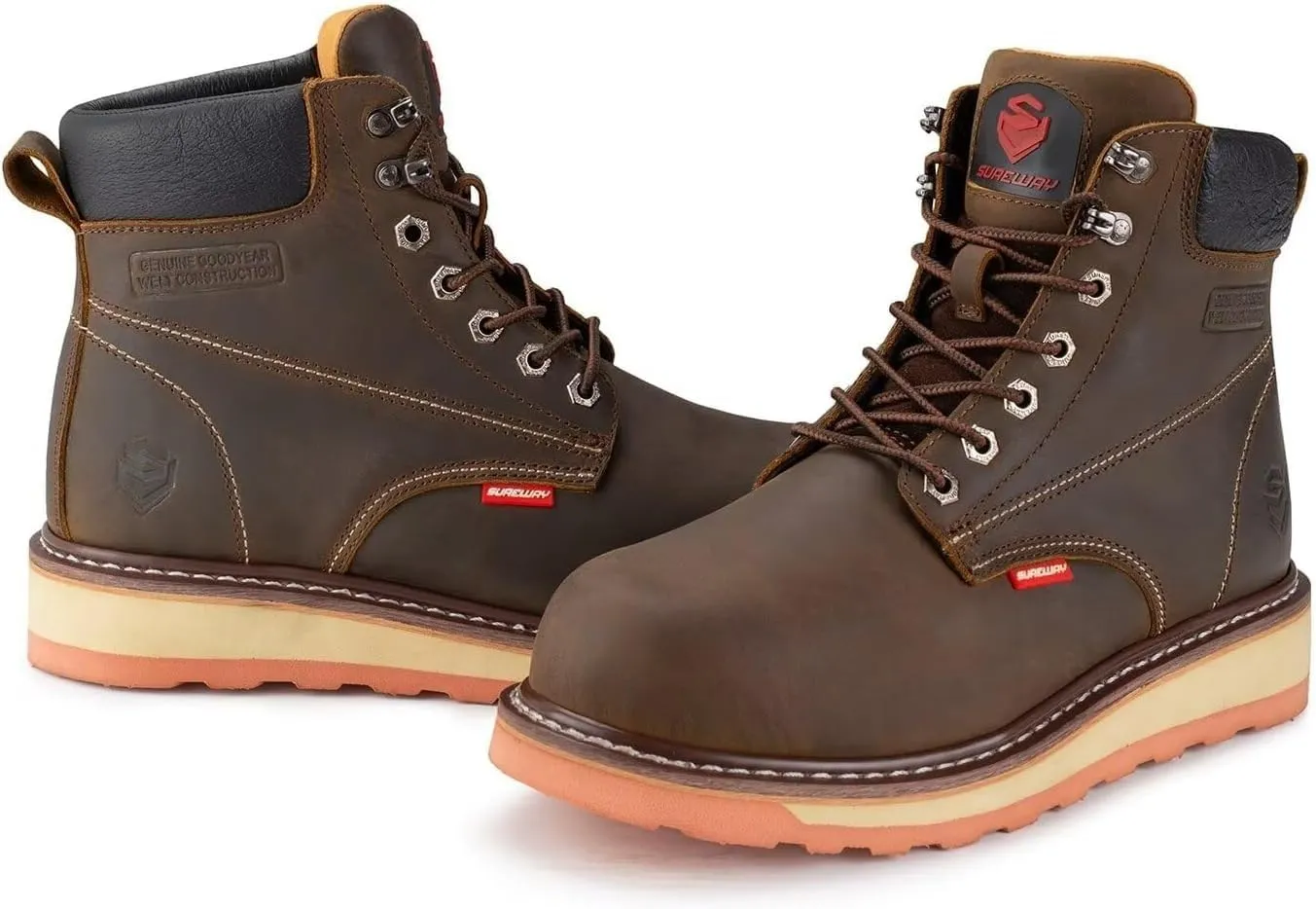 SUREWAY 6 in Mens Heavy Duty Soft/Steel Toe Work Boots for Men,Goodyear Welted,Full Grain Leather,Slip Resistant,EH Safety Industrial Construction Boot