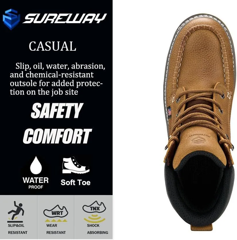 SUREWAY Men 6 Inch Waterproof Soft Toe Work Boots - Moc Toe,Construction Industrial Safety Leather Work Shoes,Oil/Slip Resistant Comfortable Wedge Outsole,EH Rated,Goodyear Welt,Lace Up,Heavy Duty