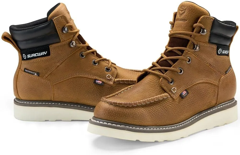 SUREWAY Men 6 Inch Waterproof Soft Toe Work Boots - Moc Toe,Construction Industrial Safety Leather Work Shoes,Oil/Slip Resistant Comfortable Wedge Outsole,EH Rated,Goodyear Welt,Lace Up,Heavy Duty