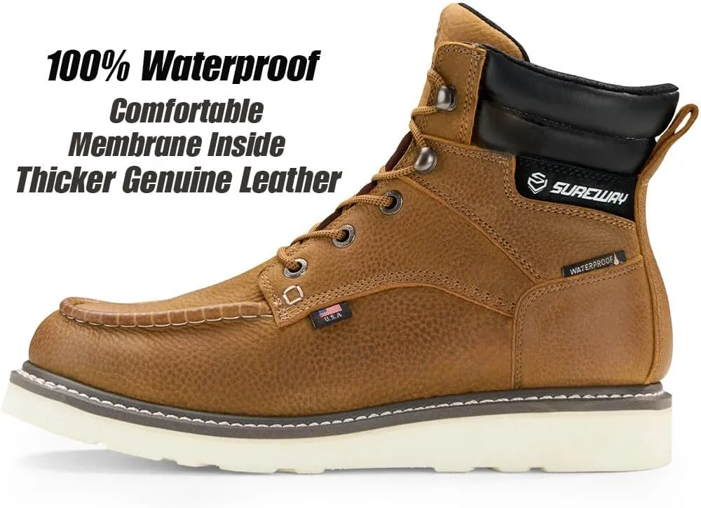 SUREWAY Men 6 Inch Waterproof Soft Toe Work Boots - Moc Toe,Construction Industrial Safety Leather Work Shoes,Oil/Slip Resistant Comfortable Wedge Outsole,EH Rated,Goodyear Welt,Lace Up,Heavy Duty