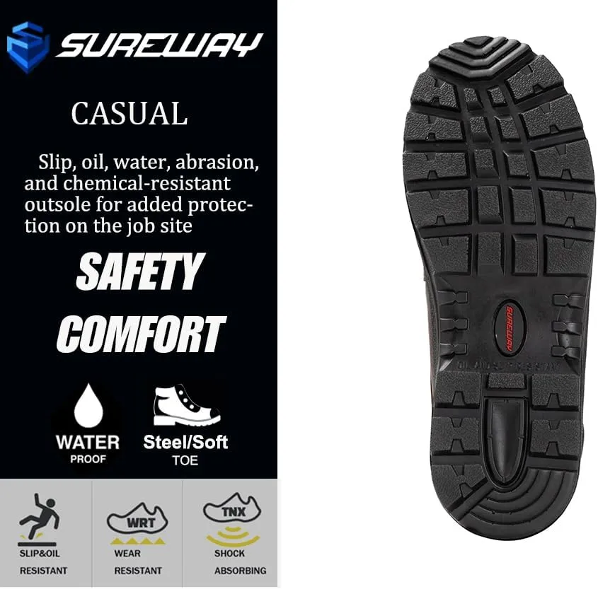 SUREWAY Men Waterproof Steel/Soft Toe Hiking Work Boots - Leather,Lace Up,Round Toe,Slip Resistant,Comfort EH Safety Industrial Construction Boot,Lightweight Utility Outdoor Shoes for Roofing,Hunting