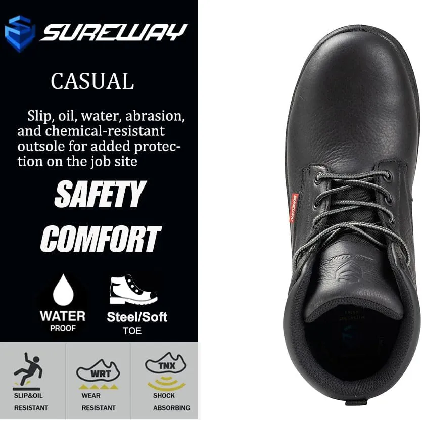 SUREWAY Men Waterproof Steel/Soft Toe Hiking Work Boots - Leather,Lace Up,Round Toe,Slip Resistant,Comfort EH Safety Industrial Construction Boot,Lightweight Utility Outdoor Shoes for Roofing,Hunting