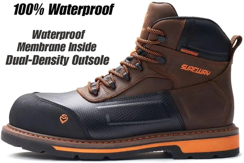 SUREWAY Men's 6" Soft/Composite Toe Heavy Duty Waterproof Work Boot Goodyear Welt Oil/Slip Resistant Dual-Density Comfortable Outsole Crazy Horse Leather EH Construction Industrial Safety Work Boots