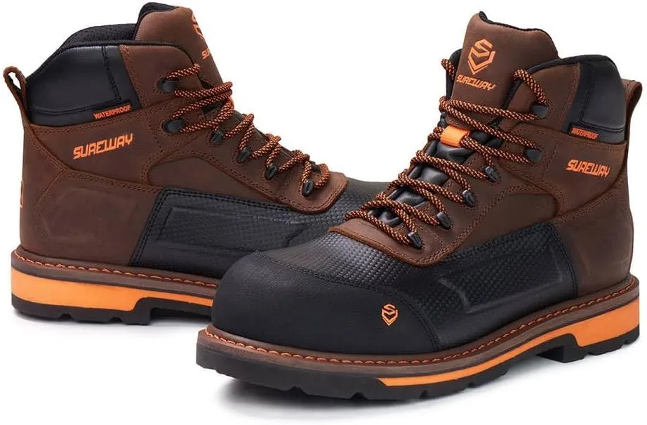 SUREWAY Men's 6" Soft/Composite Toe Heavy Duty Waterproof Work Boot Goodyear Welt Oil/Slip Resistant Dual-Density Comfortable Outsole Crazy Horse Leather EH Construction Industrial Safety Work Boots