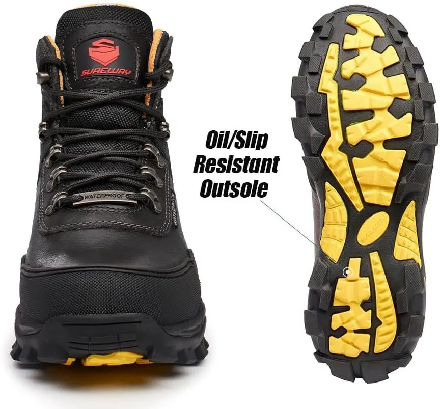 SUREWAY Men's 6" Soft/Steel Toe Heavy Duty Waterproof Work Boot - Leather,Lace Up,Oil/Slip Resistant Dual-Density Comfortable EH Construction Industrial Ankle Safety Men Work Boots,Roofing, Hunting