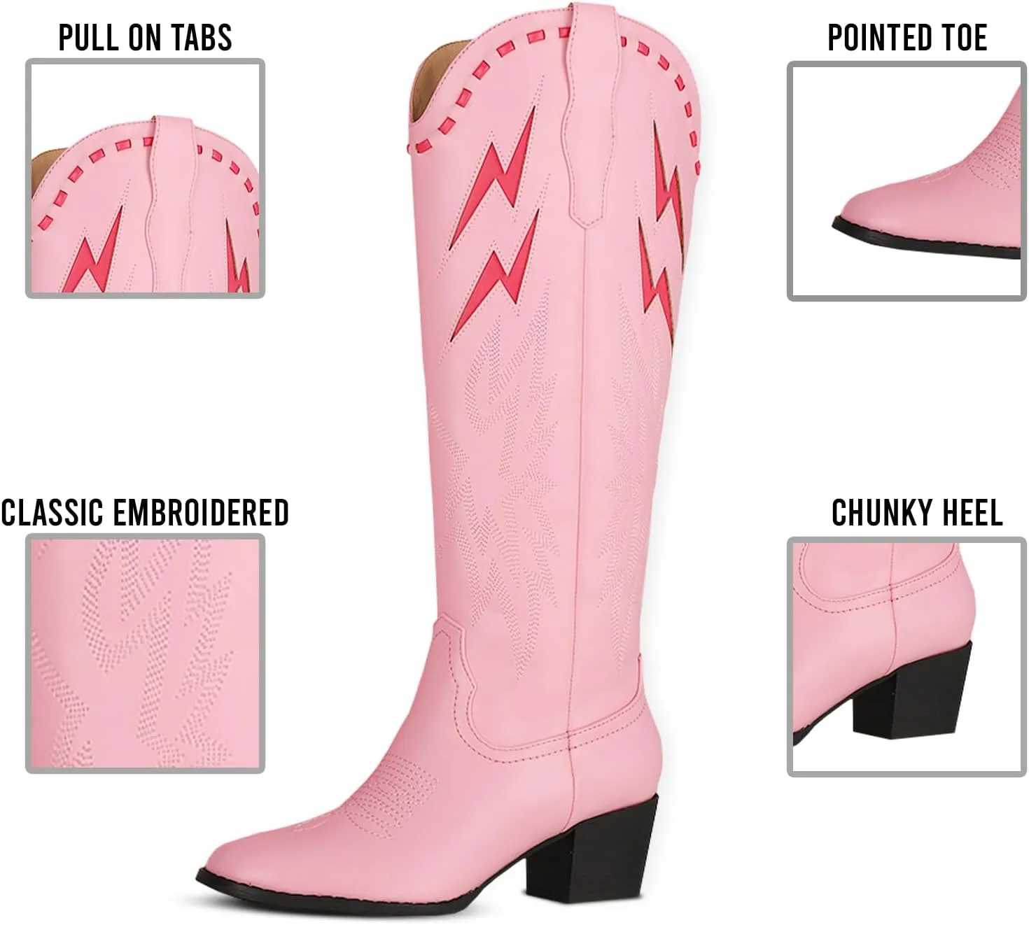 Synchoiss Cowboy Boots for Women Wide Calf Chunky Heel Knee High Cowgirl Boots Classic Embroidered Pointed Toe Western Boots Pull on Rubber Sole Tall Boots