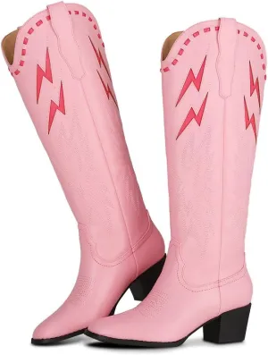 Synchoiss Cowboy Boots for Women Wide Calf Chunky Heel Knee High Cowgirl Boots Classic Embroidered Pointed Toe Western Boots Pull on Rubber Sole Tall Boots