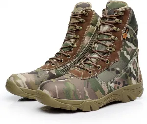 Tebapi Men Military Tactical Boots Backpacking Outdoor Hiking Camping Climbing Trekking Camouflage Ankle Boot Army Shoes Combat Waterproof Side Zipper
