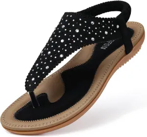 TEMOFON Flats Sandals for Women Dressy: Elastic Ankle Strap Flat - T-Strap Thong Sandal Women - Comfortable Beach Sandals Size 5-10