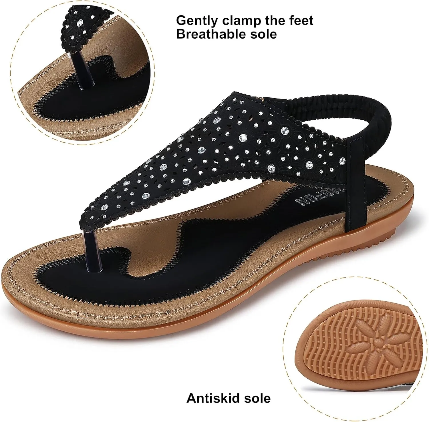 TEMOFON Flats Sandals for Women Dressy: Elastic Ankle Strap Flat - T-Strap Thong Sandal Women - Comfortable Beach Sandals Size 5-10