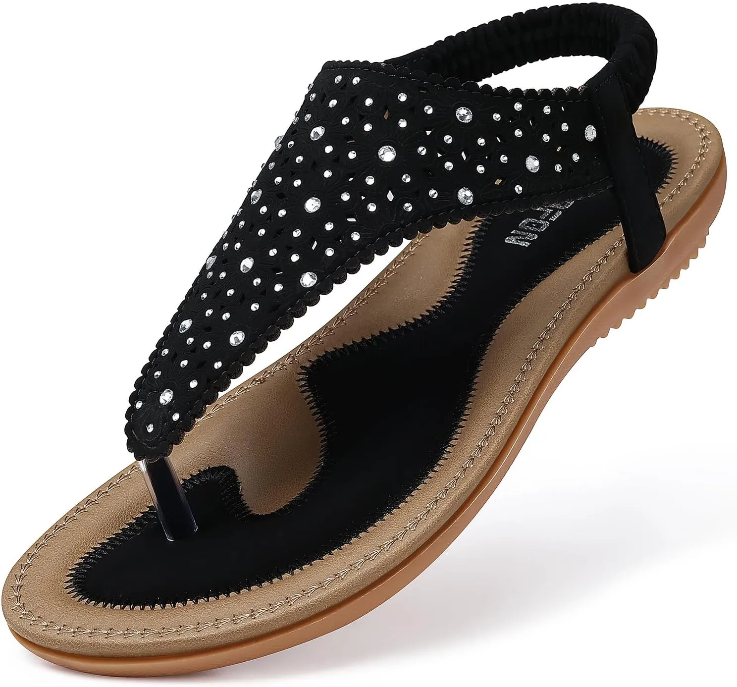TEMOFON Flats Sandals for Women Dressy: Elastic Ankle Strap Flat - T-Strap Thong Sandal Women - Comfortable Beach Sandals Size 5-10