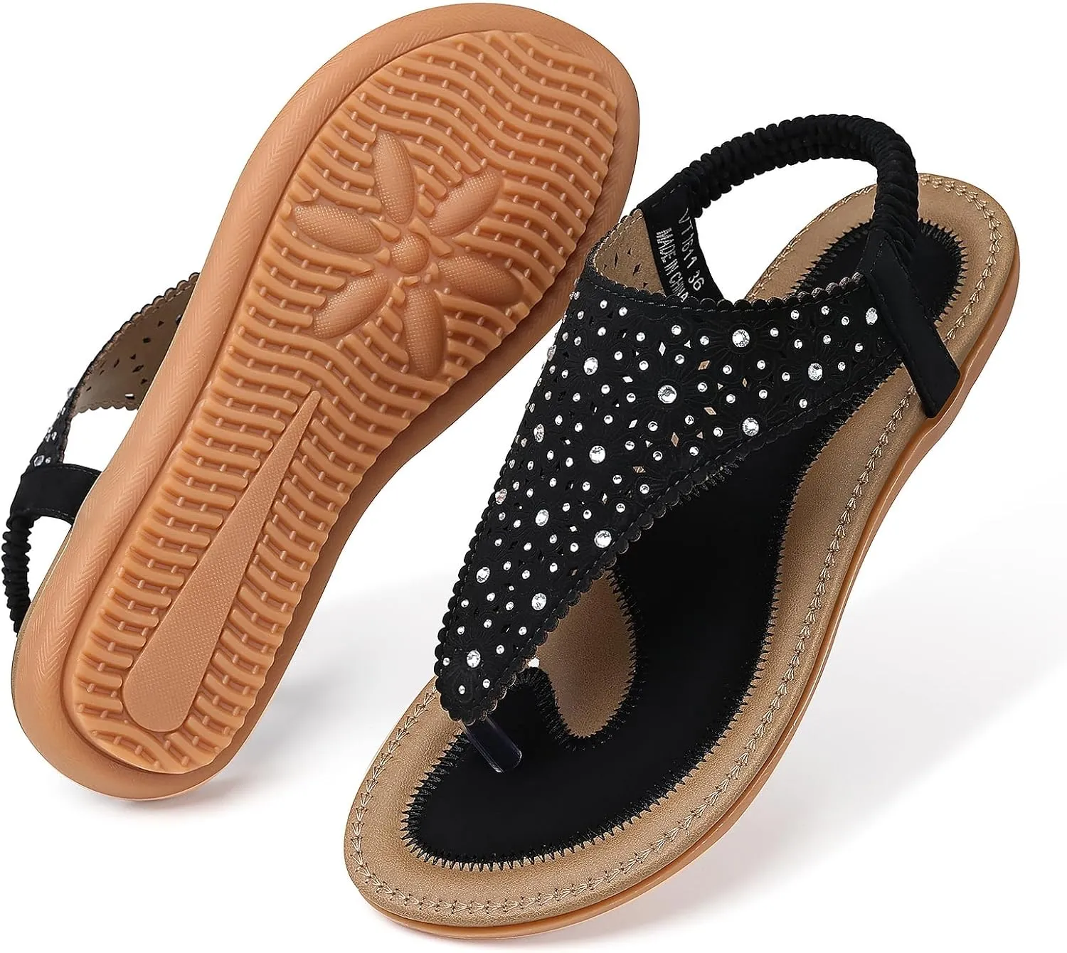 TEMOFON Flats Sandals for Women Dressy: Elastic Ankle Strap Flat - T-Strap Thong Sandal Women - Comfortable Beach Sandals Size 5-10