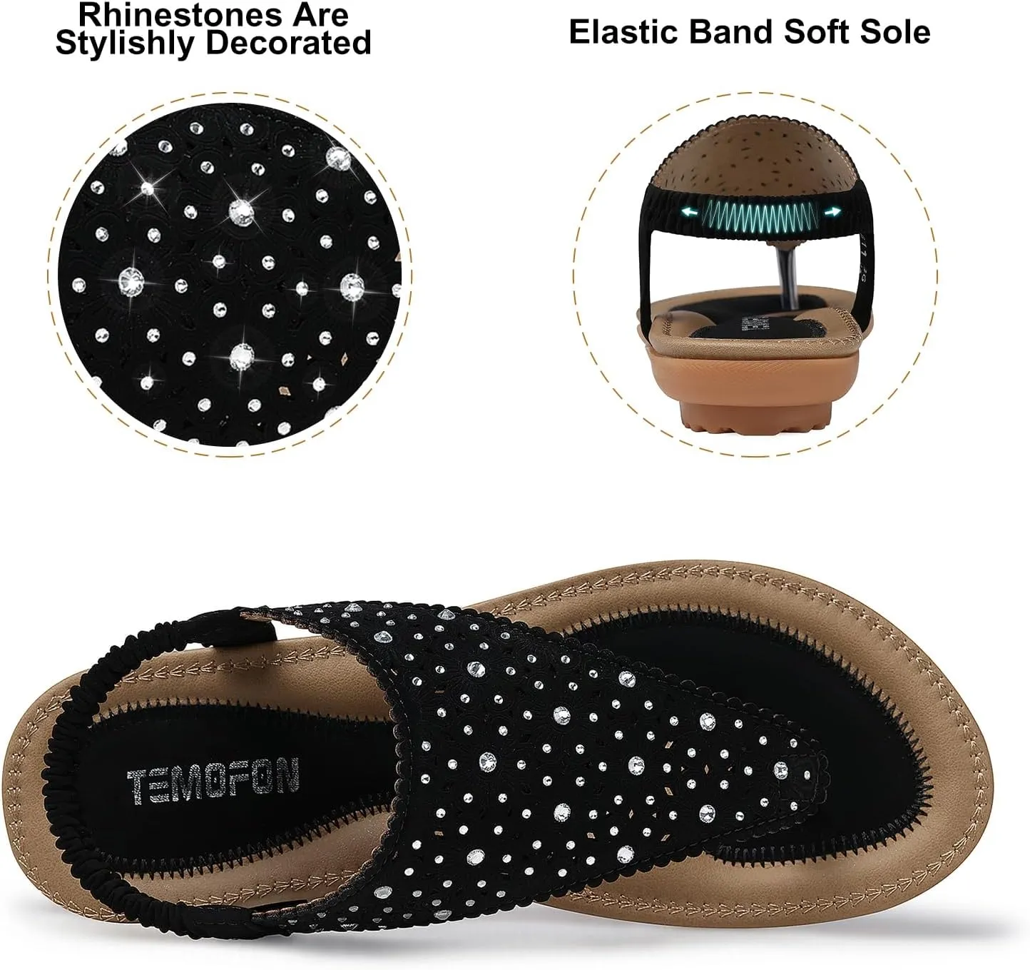TEMOFON Flats Sandals for Women Dressy: Elastic Ankle Strap Flat - T-Strap Thong Sandal Women - Comfortable Beach Sandals Size 5-10