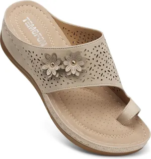 TEMOFON Flip Flops for Women Dressy: Comfortable Sandals for Women - Walking Summer Slip On Casual Bohemian Flower Thong Sandal