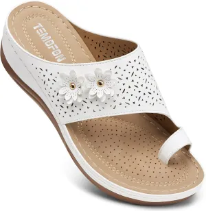 TEMOFON Flip Flops for Women Dressy: Comfortable Sandals for Women - Walking Summer Slip On Casual Bohemian Flower Thong Sandal
